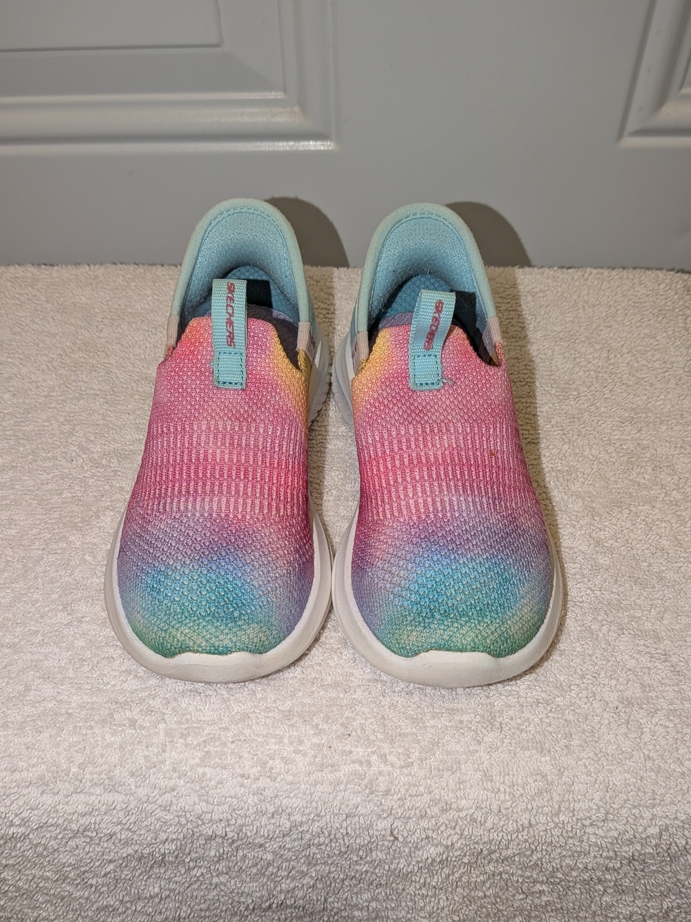 Skechers Kids Rainbow Knit Slip-Ons - Pink, Blue, Yellow, Green